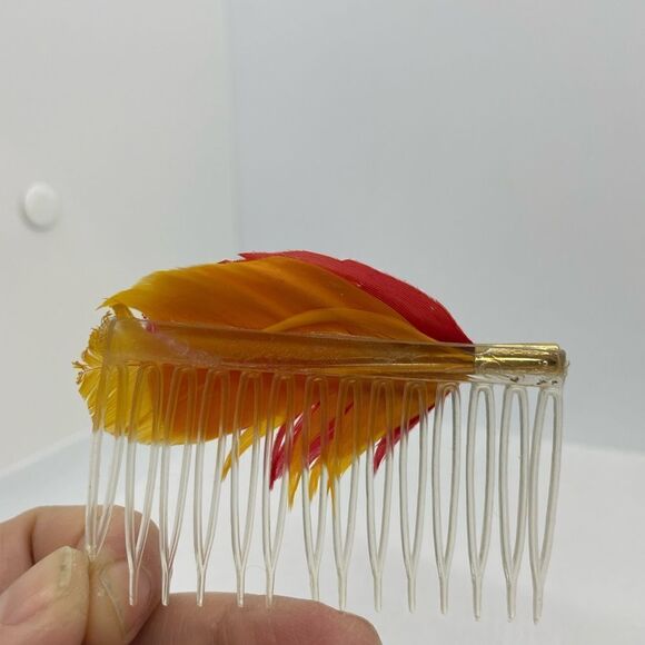 Vintage 1980s Feather Hair Comb Red Yellow Black White Polka Dot main image 11